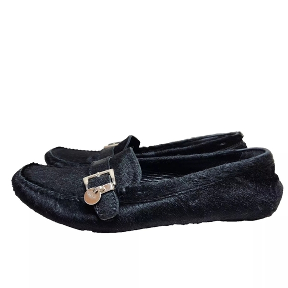 PRADA Pony Calf Hair Driving Loafers COA Sz 37/7 US Logo Charm Black Driver - Picture 4 of 16